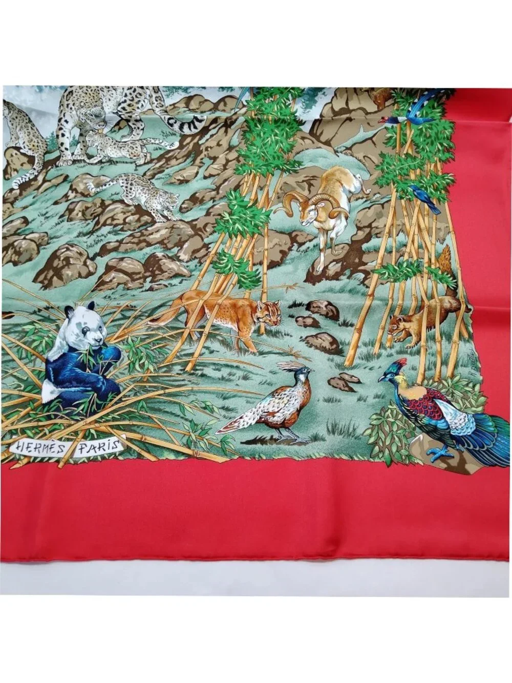 Authentic Hermès Sichuan Silk Scarf 90 Red Animal Print Carré Luxury Designer
